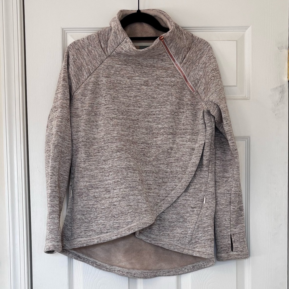 Athleta Cozy Karma Asym Pullover with Funnel Neck and Rose Gold Zipper